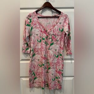 Lilly Pulitzer Henley Cotton Dress Pink Flamingo Palmetto Print Size Small
